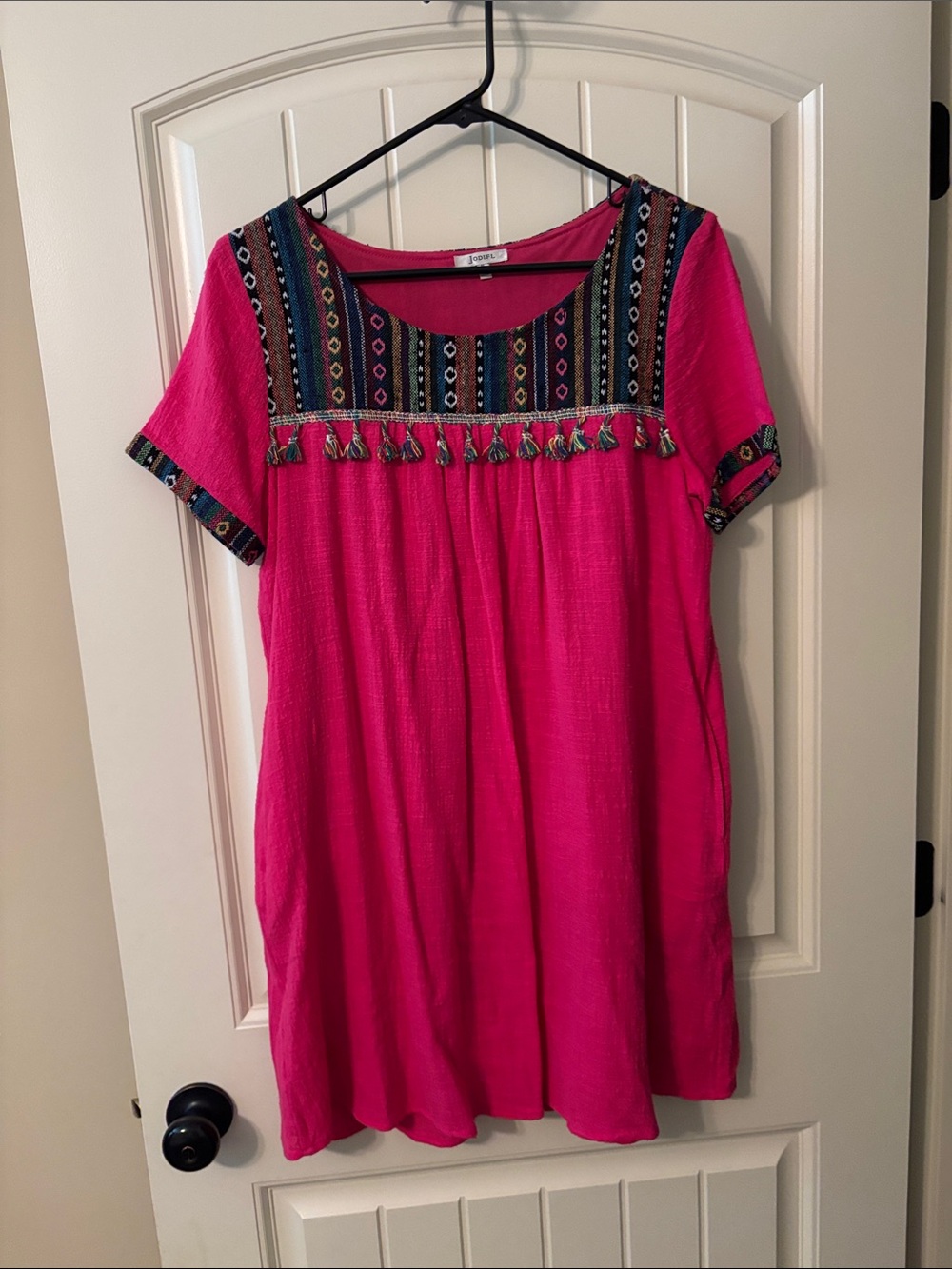 JODIFL Hot Pink Embroidered Tassel Mini Dress